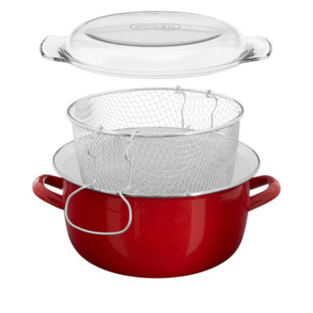 Premier Housewares Interiors By Premier Red Enamel Deep Fat Fryer, Removable Basket Deep Fryer, Scratch-Resistant Mini Deep Fryer For Home Frying