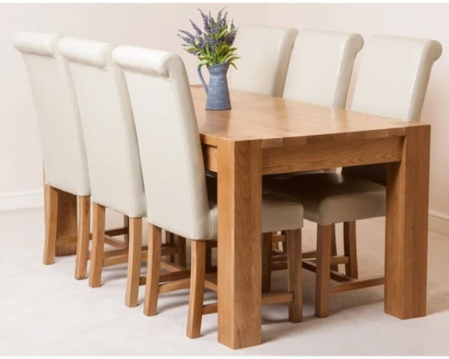Thats Furniture Kuba 180 x 90cm Chunky Oak Dining Table & 6 Washington Leather Chairs in Cream Cream Unisex 180 x 90 cm