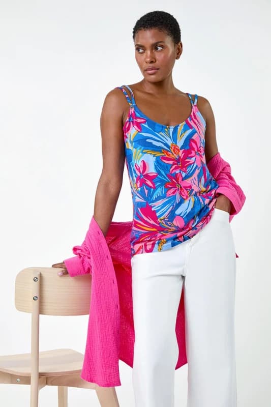 Roman Womens Tropical Floral V-Neck Strap Detail Cami Top in Pink Size: 20 Pink Female 20
