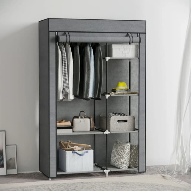 HOMCOM HOMCOM Fabric Wardrobe Portable Wardrobe with 6 Shelves 1 Hanging Rail in Dark Grey Dark Grey One Size Unisex 5063603019898