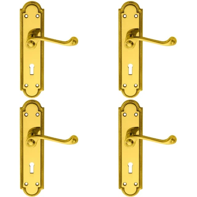 Loops 4x PAIR Reeded Scroll Handle on Shaped Lock Backplate 205 x 49mm Polished Brass Metallics