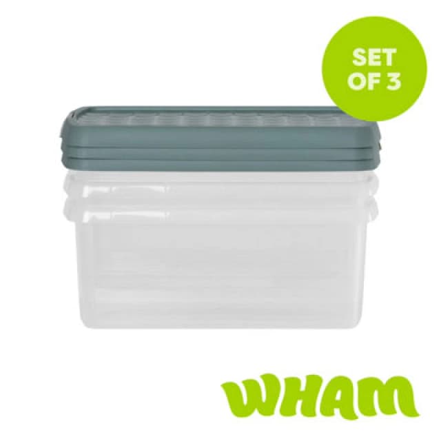 Wham Clip 3X 10.5L Rectangular Plastic Storage Boxes With Clip Lock Lids. Ideal For Home, Office, Toys & More - Clear/green Milieu