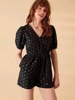 Accessorize Dobby Playsuit - Black/Gold , Black, Size 12, Women