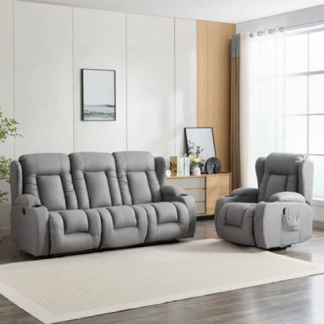 More4Homes Caesar 1+3 Seater Grey Technology Fabric Modern Electric Recliner Sofa Set