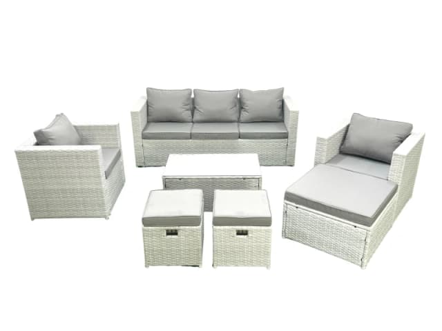 Fimous Rattan Garden Outdoor Furniture Sofa Set with Rectangular Coffee Table 2 Chairs 3 Footstools Light Grey Mixed Light Grey