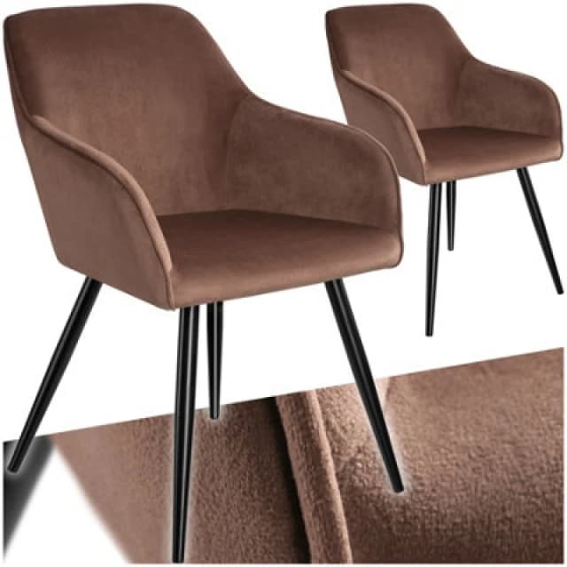 Tectake Set Of 2 Dining Chair Marilyn - With Armrests, Padded, Velvet Look, Black Steel Legs - Brown/black