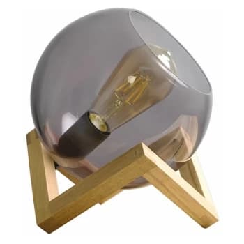 Smoked Glass Globe Bedside Table Lamp On A Wooden Frame Base - No Bulb
