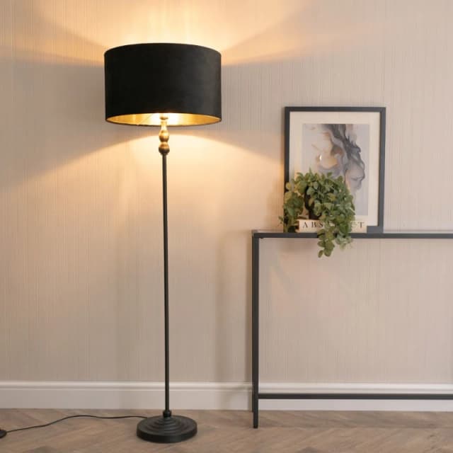 ValueLights ValueLights Maggie Black Candlestick Floor Lamp with Black Velvet with Gold Inner Lamp Shade Black One Size Unisex 5059406061509