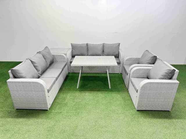 Fimous Rattan High Back Lounge Sofa Set with Reclining Chairs Side Table in Light Grey Light Grey Unisex