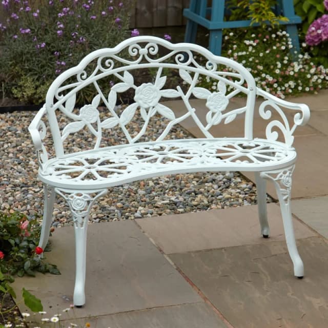 Home Source Rose Detail Metal Outdoor Garden Bench White
