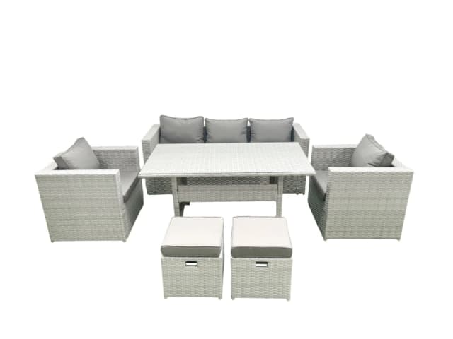 Fimous Garden Dining Set Outdoor Rattan Furniture Set with Sofa Dining Table 2 Chairs 2 Small Footstools Light Grey Mixed Light Grey