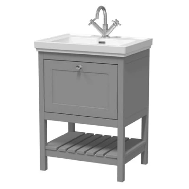 Nuie Old London Bexley Floor Standing 1 Drawer Vanity & 1 Tap Hole Fireclay Basin, Stylish Vanity Unit With Basin, Cool Grey, 600mm