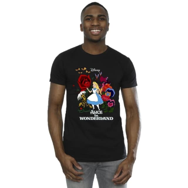 Disney Men Alice In Wonderland Flowers T-Shirt in Black Size: Small Black S Male 5063283636217