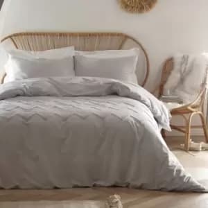 Boutique Chevron Tuft Embellished 100% Cotton Duvet Cover Set, Silver, Double - Appletree