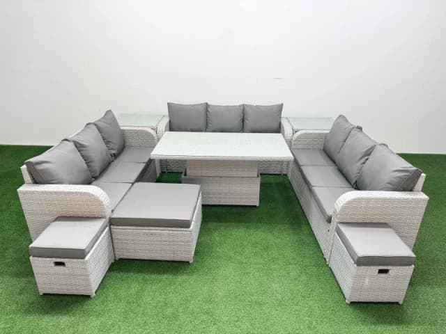 Fimous PE Rattan Lounge Sofa Set 12 Seater Outdoor Garden Furniture Set with Adjustable Lifting Dining or Coffee Table 3 Seater Sofa 3 Stools 2 Side T