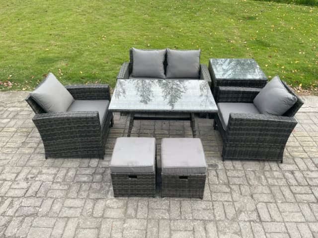 Fimous 6 Seater Outdoor Garden Furniture High Back Rattan Sofa Dining Table Set with SideTable 2 Small Footstools in Dark Grey Dark Grey Unisex