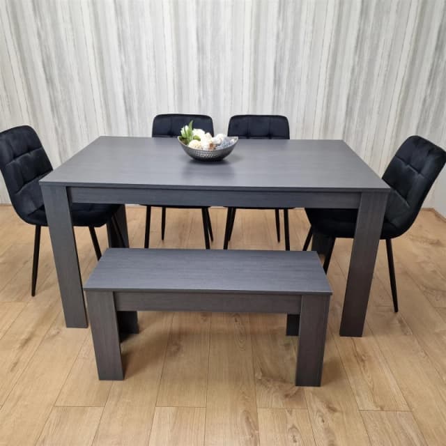 KOSY KOALA Kosy Koala - Dining Table and 4 Chairs With Bench Black Dark Grey 4 Velvet Chairs Wooden Bench Wood Dining Set Furniture Arrow Charcoal 140