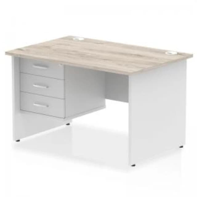 Impulse Impulse 1200 x 800mm Straight Office Desk Grey Oak Top White Panel End Leg with 1 x 3 Drawer Fixed Pedestal MIRDP12FP3GRYWHT