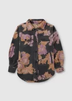 Free People Womens Ruby Floral Print Fleece Jacket In Charcoal