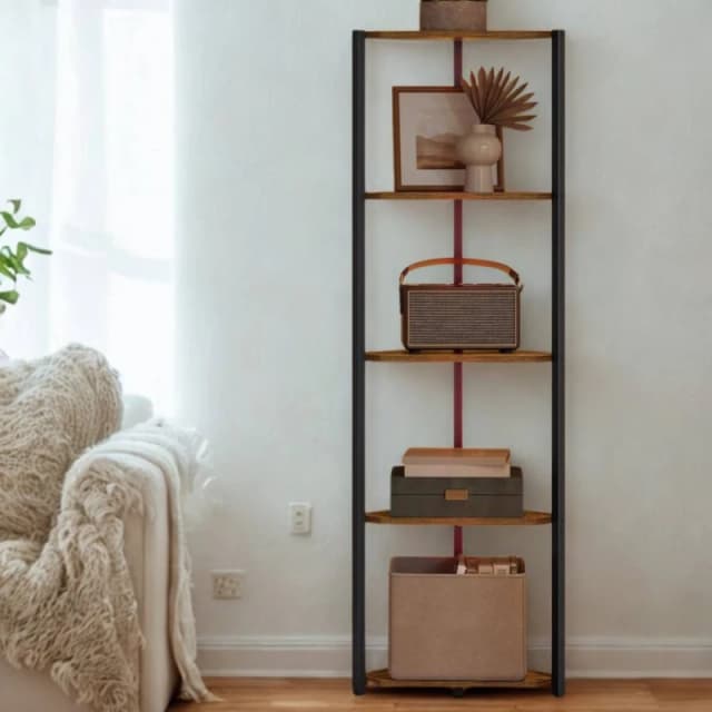 Pirlo Plush Industrial Free-Standing 5 Tier Corner Shelf with LEDs Rustic Brown Brown Unisex
