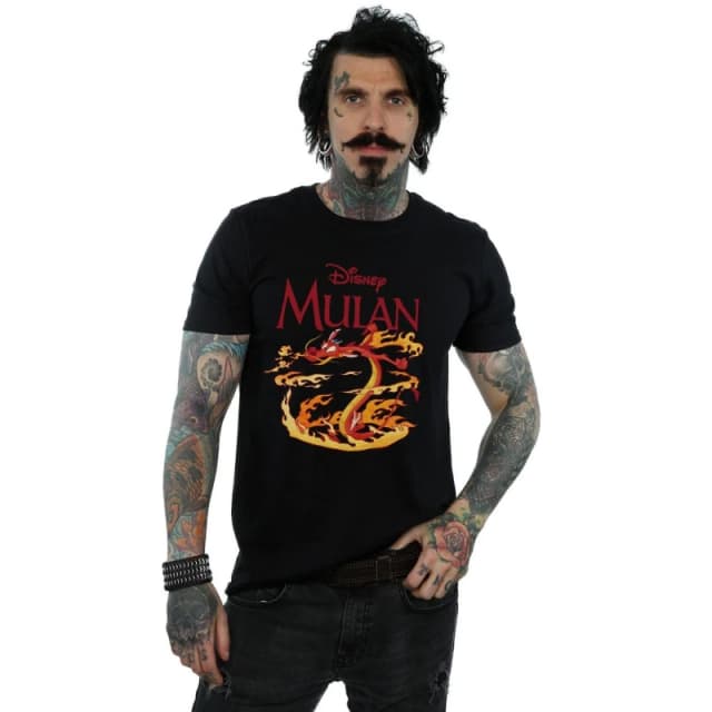 Disney Men Mulan Mushu Dragon Fire T-Shirt in Black Size: Small Black S Male 5059400757194