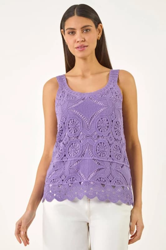 Roman Womens Cotton Crochet Knit Vest Top in Purple Size: 10 Purple Female 10