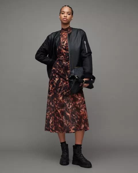 AllSaints Hanna Funnel Neck Printed Midi Dress
