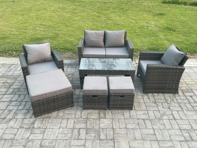 Fimous 7 Seater Outdoor Rattan Garden Furniture Set Patio Lounge Sofa Set with Coffee Table 3 Footstools Dark Grey Mixed Dark Grey Unisex