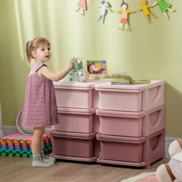 HOMCOM Kids 3 Tier Storage Unit Toy Storage Organiser Vertical Dresser Tower Pink