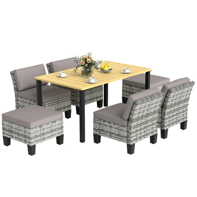 Outsunny 7 PCS Rattan Garden Dining Set with Cushions, Umbrella Hole, Grey 861-110V70GY