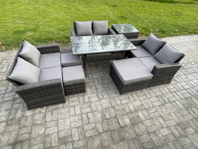 Fimous Wicker Rattan Garden Furniture Sets Outdoor Lounge Sofa Set with Oblong Dining Table Double Seat Sofa Dark Grey Mixed Dark Grey Unisex