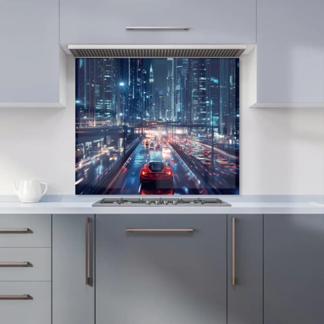 Warren Reed - Designer Red Streak through Nighttime Dubai Kitchen Splashback Size: 600mm x 750mm Multicolor Unisex 600mm x 750mm