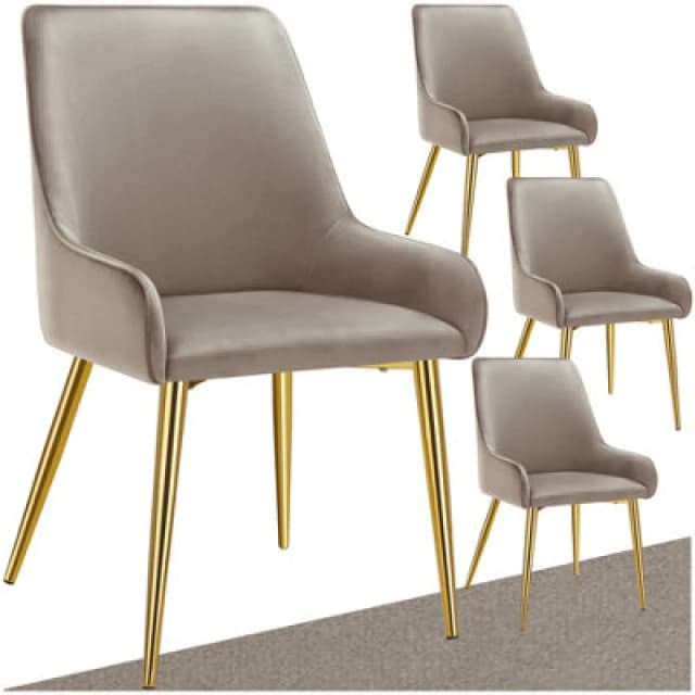 Tectake Set Of 4 Dining Chair Avane - Velvet Look, Padded Armchair, High Backrest And Armrests - Taupe