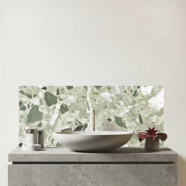 Warren Reed - Designer Sage Green & White Quartz Effect Glass Bathroom Splashback in Pink Pink Unisex