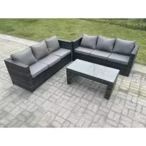 Fimous 6 Seater Outdoor Rattan Lounge Sofa Complete Set with Oblong Rectangular Coffee Table