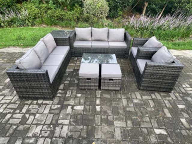 Fimous Outdoor Lounge Sofa Set Wicker PE Rattan Garden Furniture Set with 2 Armchairs Oblong Coffee Table Side Table Dark Grey