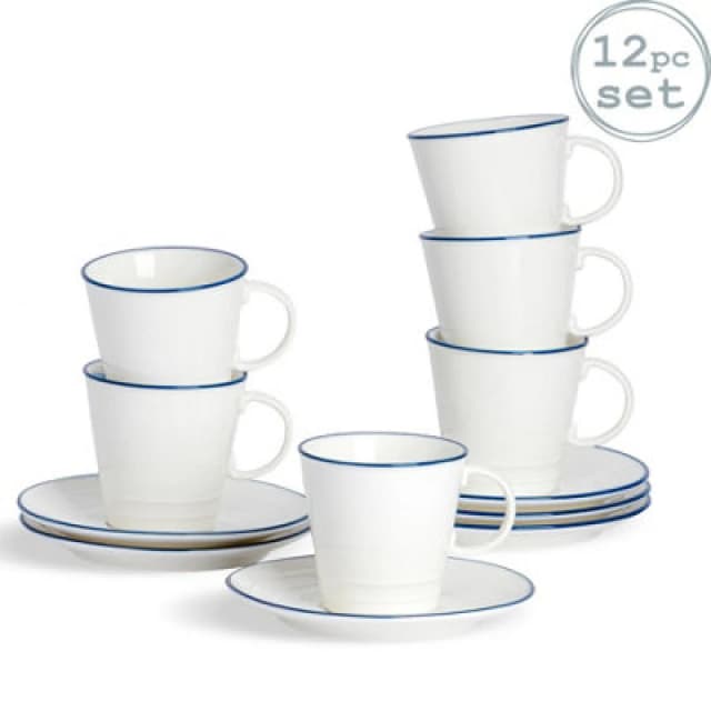 Nicola Spring 12Pc Farmhouse Teacups & Saucers Set - 270ml Coffee Cup & Saucer Cappuccino Mugs Latte Drinking Mug Tea Plates