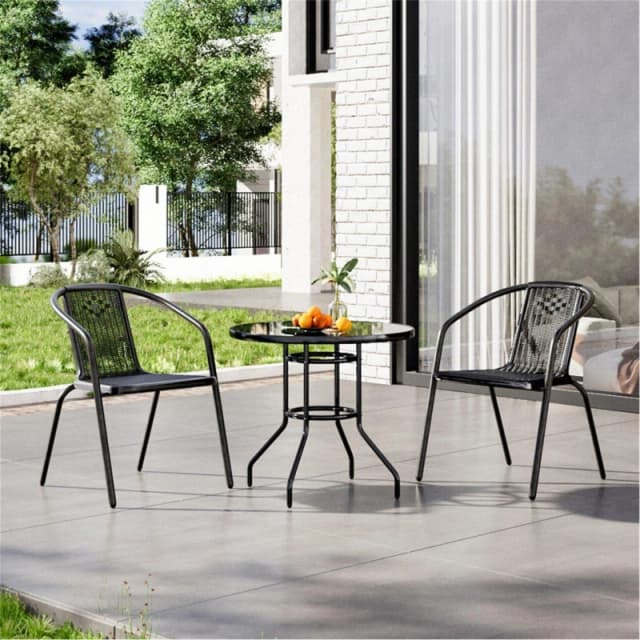 Breeins Tempered Glass Outdoor Table with 2 Rattan Chairs - Black L