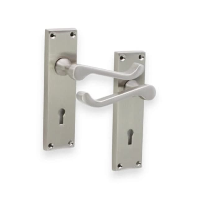 Spira Brass Victorian Scroll Lock Lever Handle 150mm Satin Nickel