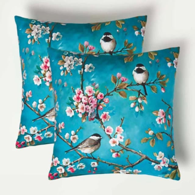 Homescapes Blue Bird Outdoor Cushion 45 x 45 cm, Set of 2 Blue