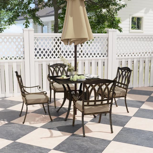 Outsunny 5 Pieces Cast Aluminium Garden Dining Set with Parasol Hole, Bronze Bronze