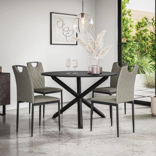 More4Homes Malvern Round Dining Table And Chairs - Black Table Top W Solid Oak Black Legs + Monza Fabric Dining Chair Set Of 4 (Grey)