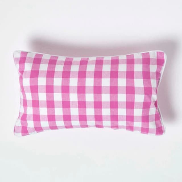 Homescapes Pink Block Check Cotton Gingham Cushion Cover, 30 X 50 Cm
