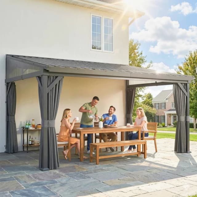 OUTSUNNY 4.3 x 3m Garden Pergola with Netting Curtains, Lean to Pergola in Dark Grey Dark Grey Unisex