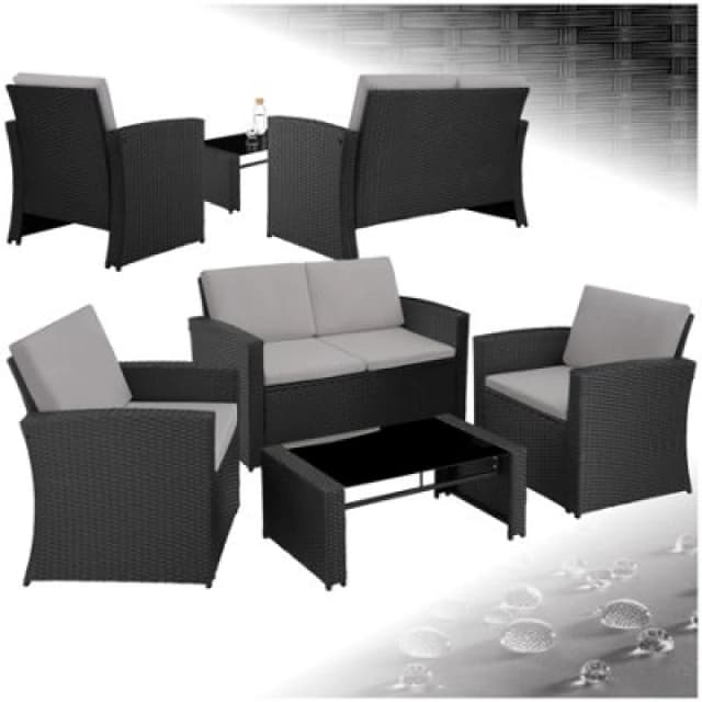Tectake Garden Furniture Set Jesolo - 2 Armchairs, 1 Sofa, And Coffee Side Table - Black/grey