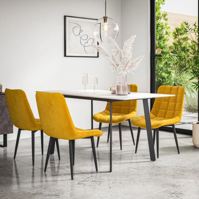 More4Homes Haydon Extending Dining Table + Chairs- White Marble Effect Table Top W Black Legs + Nova Velvet Dining Chair Set Of 4 (Mustard)