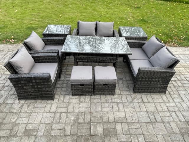 Fimous Garden Furniture Sets 9 Pieces Rattan Furniture Handmade Wicker Patio Sofa Set with 2 Small Footstools 2 Side Tables in Dark Grey Dark Grey Uni
