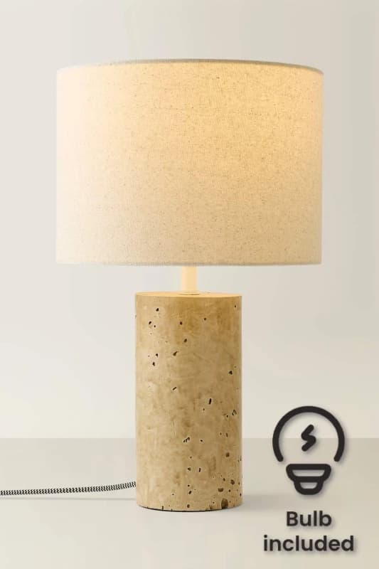 ValueLights Cloe Marble Effect Natural Table Lamp with Drum Shade and LED Bulb Cream