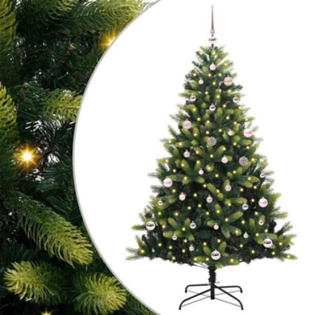 vidaXL Artificial Hinged Christmas Tree 150 LEDs and Pink Balls Green 150 cm, Green 3395984