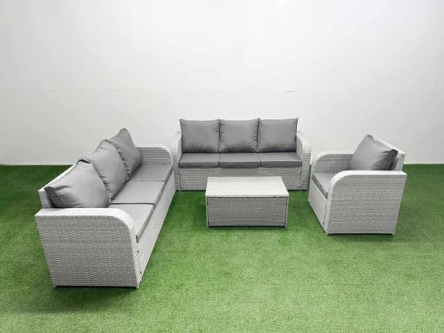 Fimous 7 Seater Poly Rattan Outdoor Garden Furniture Sofa Set Patio 3 Seater Sofa Reclining Chair 3 Seater Sofa Light Grey Light Grey